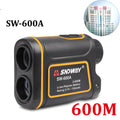 Outdoor handheld golf rangefinder showing compact black design with display screen and measurement buttons
