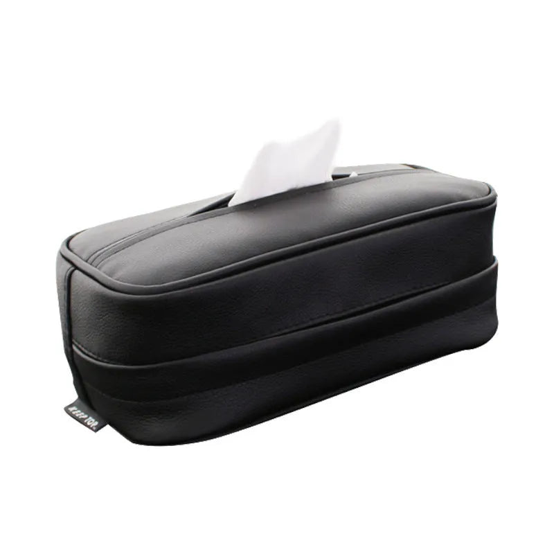 Black PU leather car hanging storage box with adjustable divider shown open.