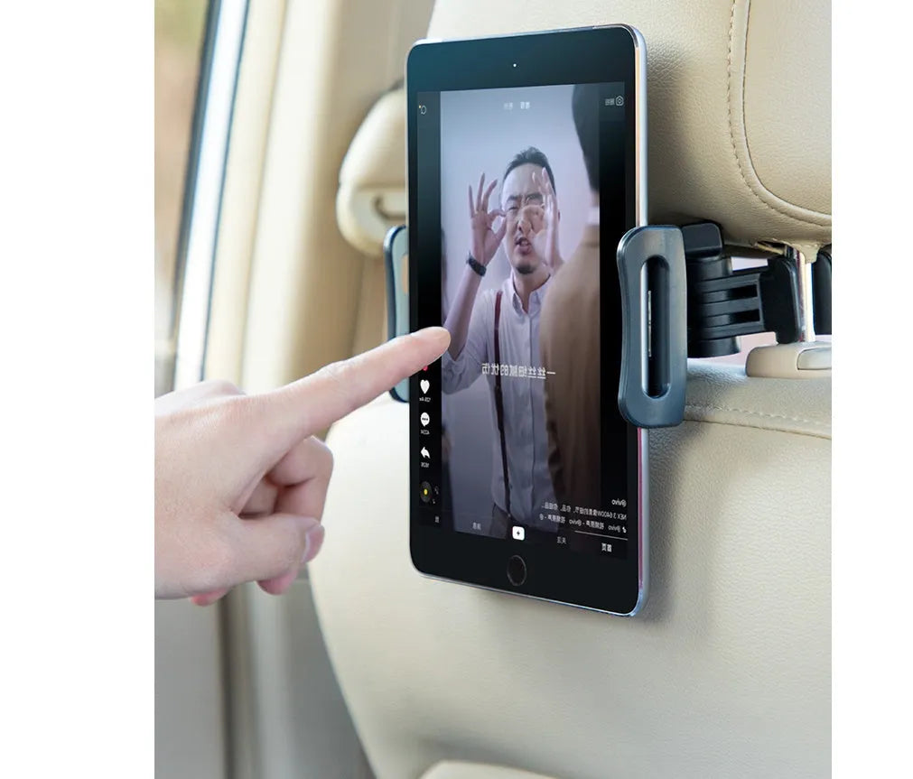 Black universal car phone and tablet holder mounted on a rear seat base.