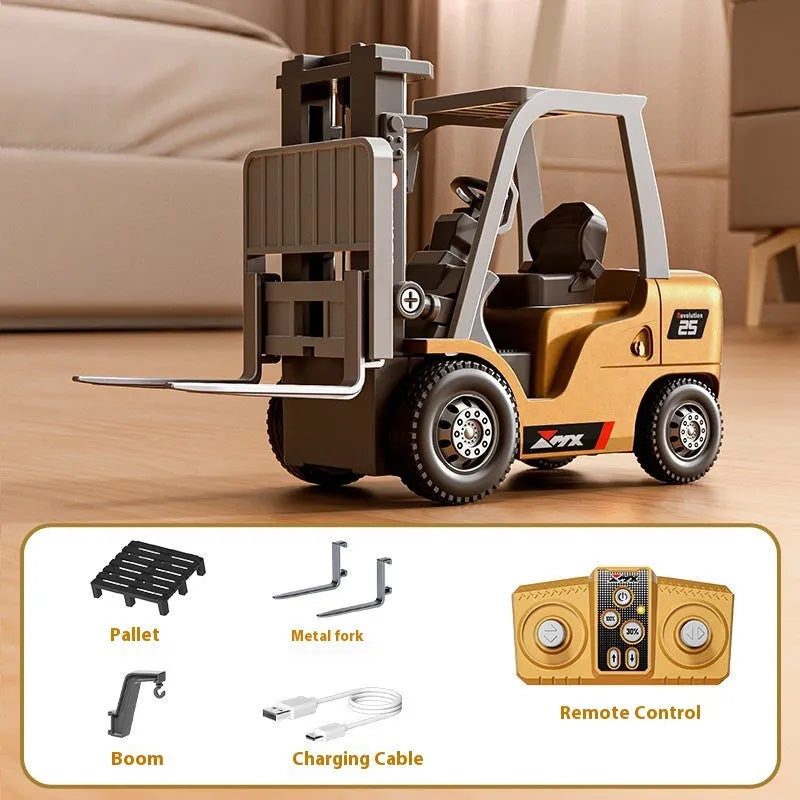 Miniature silver alloy remote control forklift toy with cargo hook on a pallet.