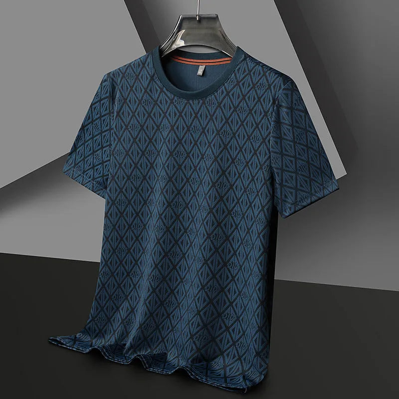 Men's black ice silk jacquard short sleeve t-shirt with loose fit casual design
