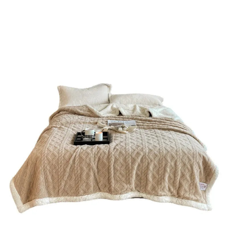 Double bed winter thermal flannel blanket in beige colour showing thickened texture and modern simplicity design