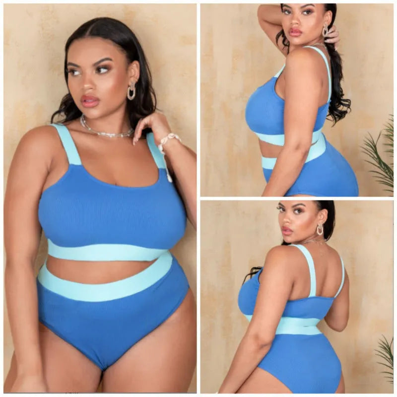 Women's polyester high waist bikini set with split leg design in pure colour with visible stitching