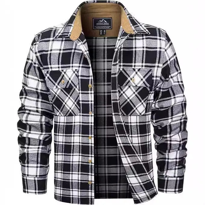 Men's plaid flannel button shirt in polyester fabric showing colour options including green, navy, and orange patterns