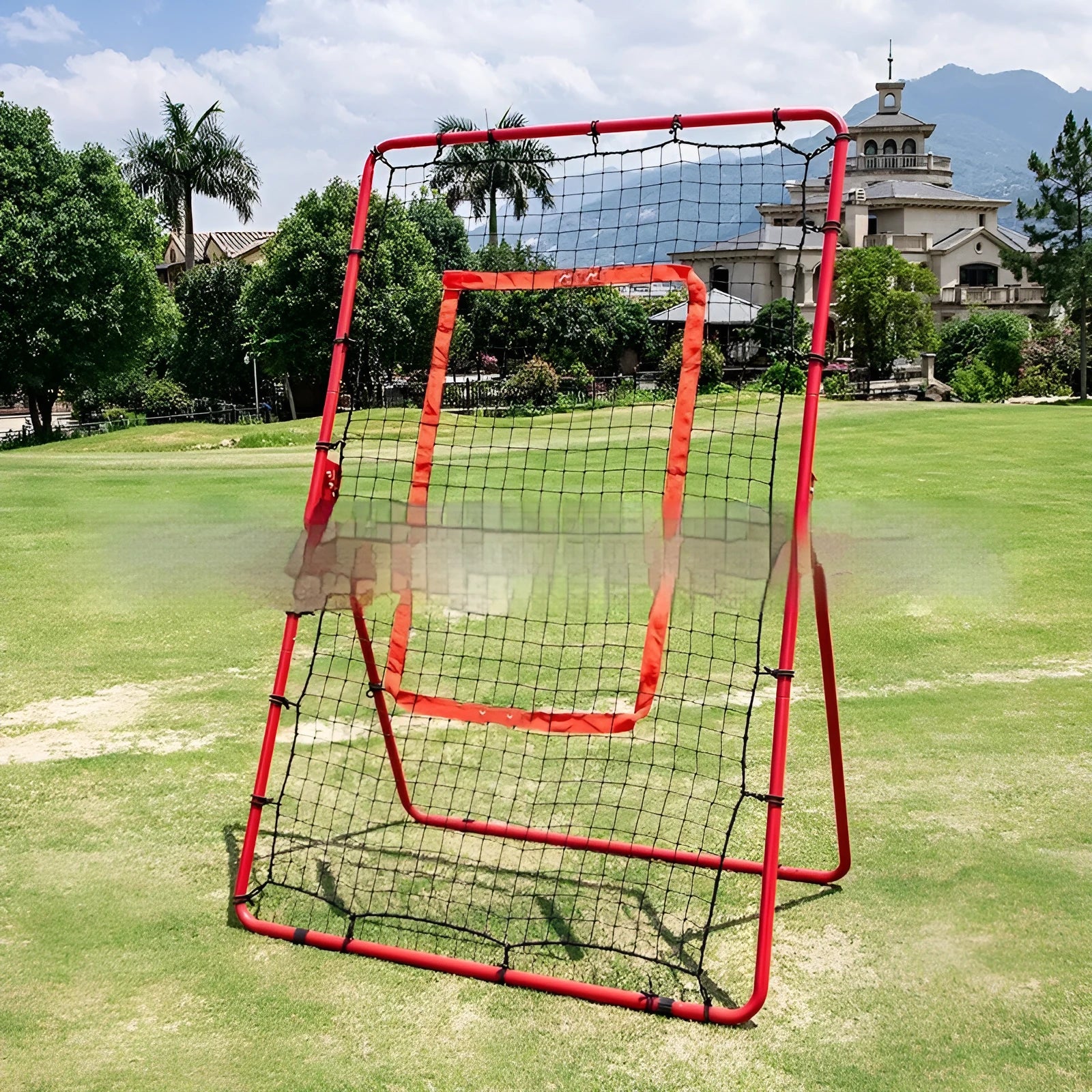 Red portable baseball training net with metal frame folded to 95x16x14.5cm dimensions