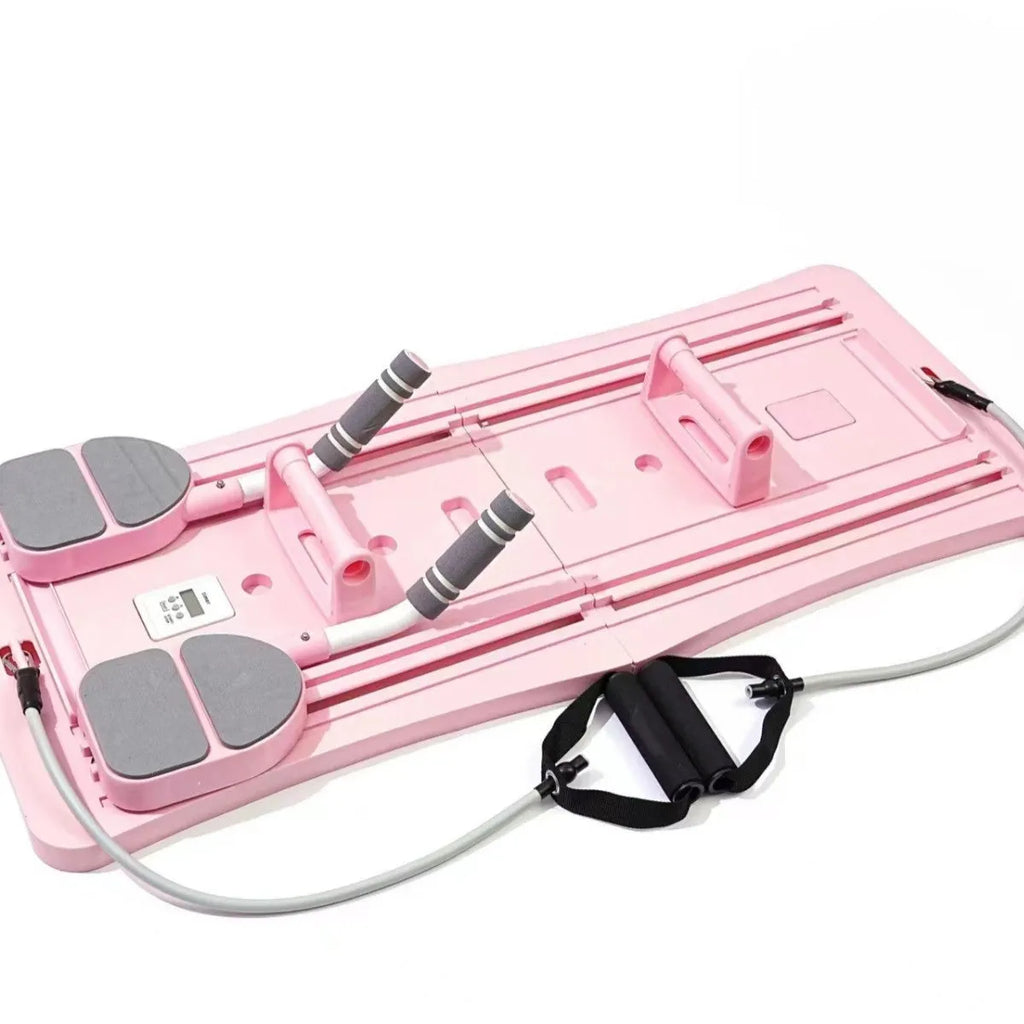 Foldable purple PP belly panel fitness equipment on a grey floor.