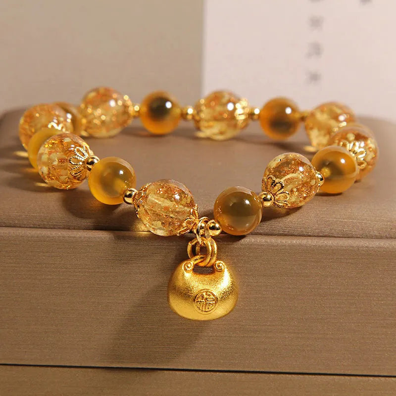 Natural yellow sugar heart agate crystal bracelet with luminous coloured glass beads for women