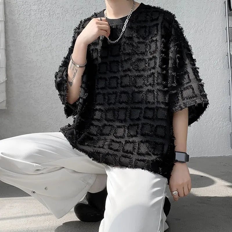 Men's T-shirt Cool Style High-end Black Short Sleeve Pullover Synthetic Fiber Blend Jacquard Top for Daily Occasion Loose Fit Asian Sizes M to 3XL