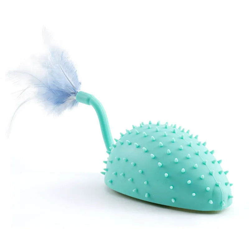 Remote control silicone mouse cat toy with feather attachment in cyan, orange, or yellow colours