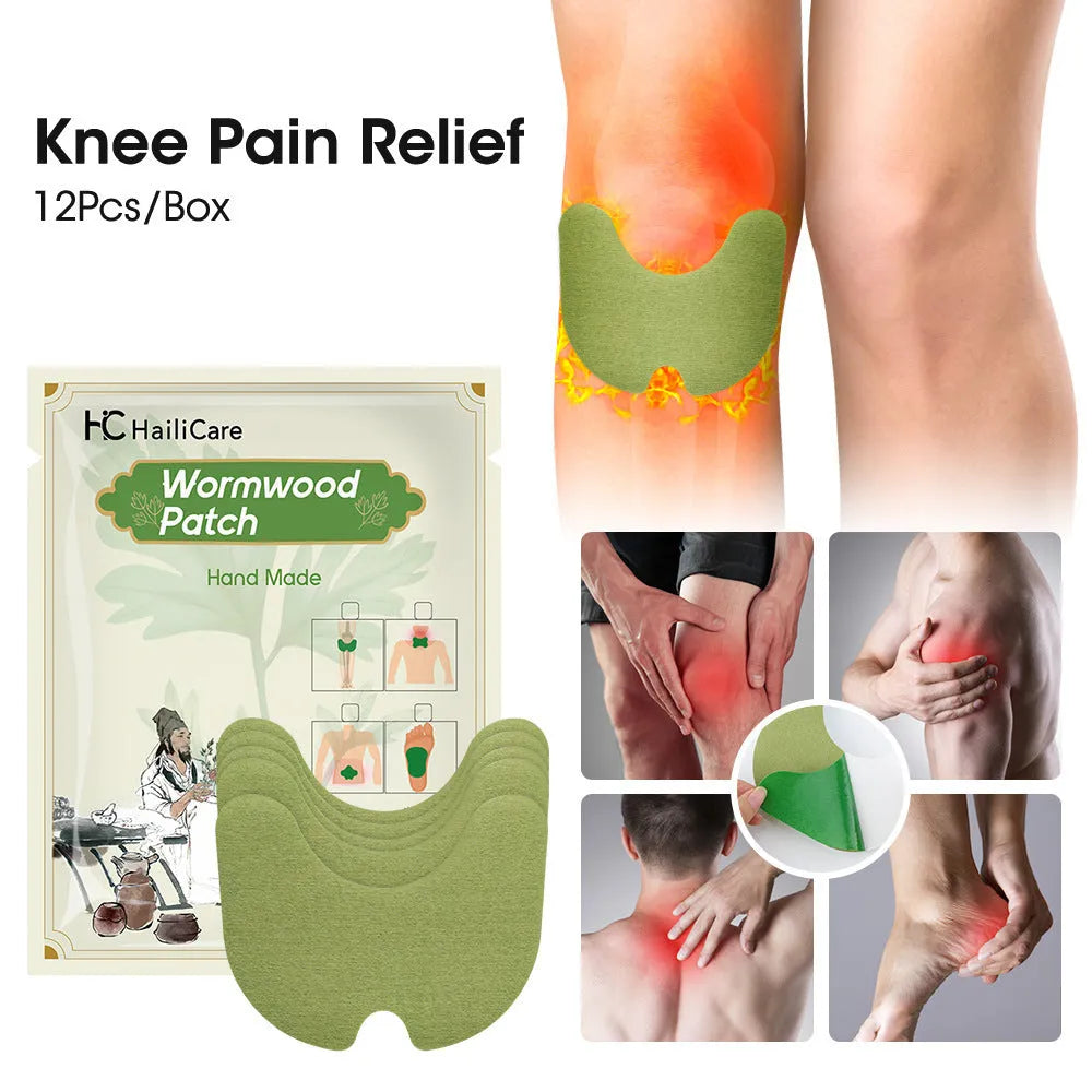 Bag containing 12 Chinese mugwort herbal adhesive patches for knee, back, neck and foot support.
