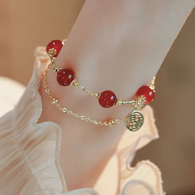 Red agate and alloy double-layer bracelet with red horse blessing card motif and chamfered square pattern details