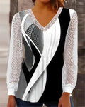 Women's v-neck loose top with hollow-out lace print in purple colour showing front view