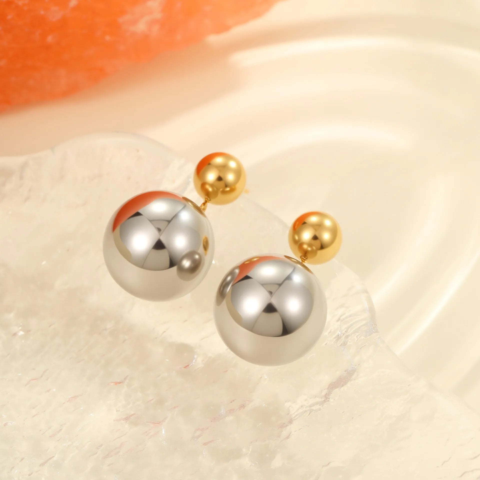 Gold-plated round bead colour-block ear studs with geometric design on stainless steel