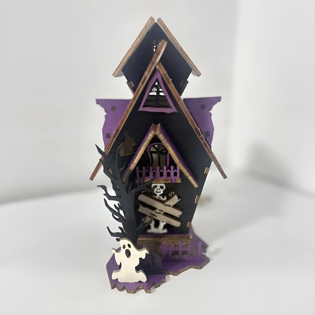 Wooden haunted house Halloween decoration with luminous finish, 14 cm wide candlestick holder