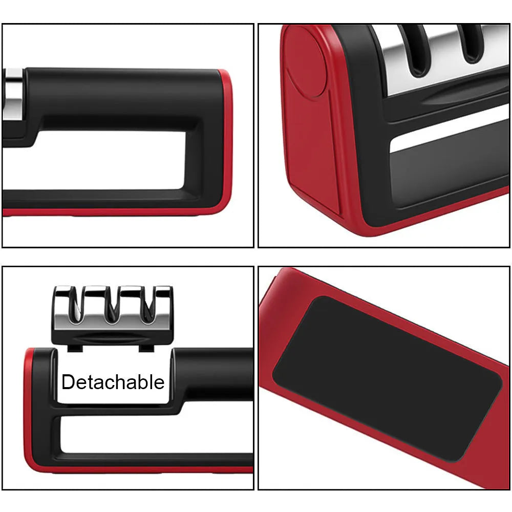 Black and red professional three-stage knife sharpener with non-skid rubber feet.