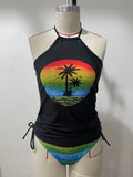 Conservative style women's swimsuit with colourful cartoon print and matching shorts.