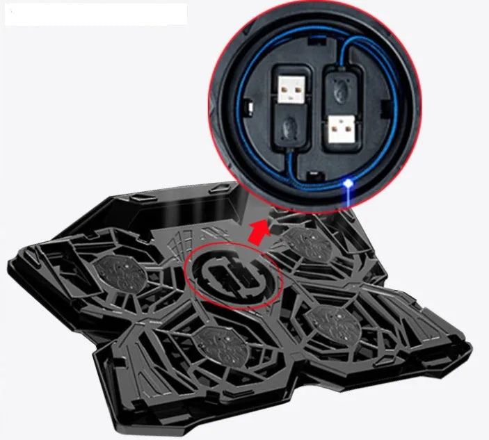Blue LED desktop cooling base with four fans and USB ports for PC temperature control