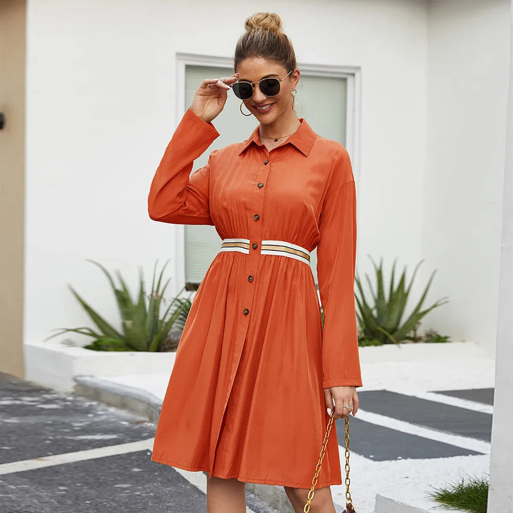Women's casual summer dress with lapel collar, long sleeves, elastic waist, and A-line skirt in green