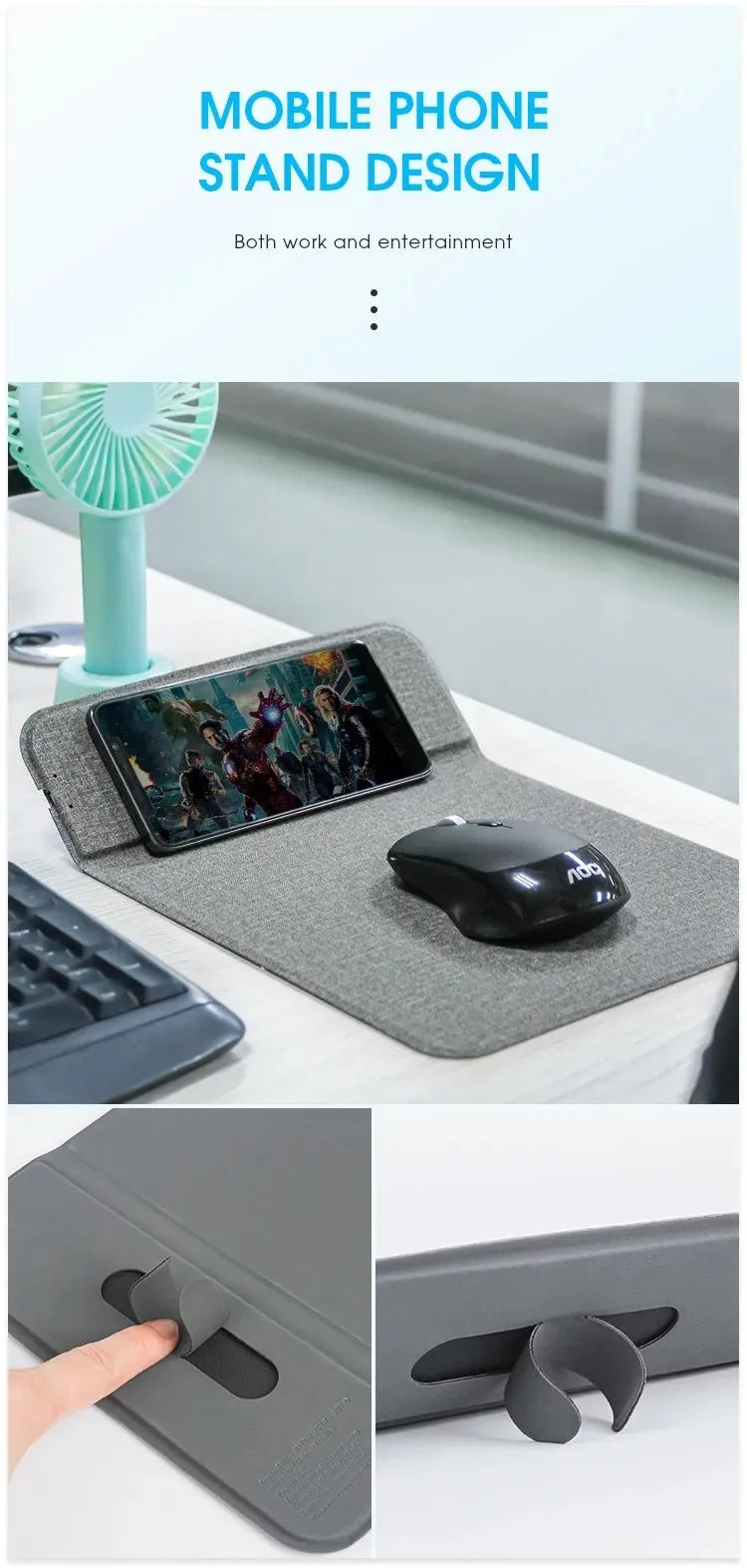 Foldable cloth phone holder with built-in wireless charging pad on a desk.