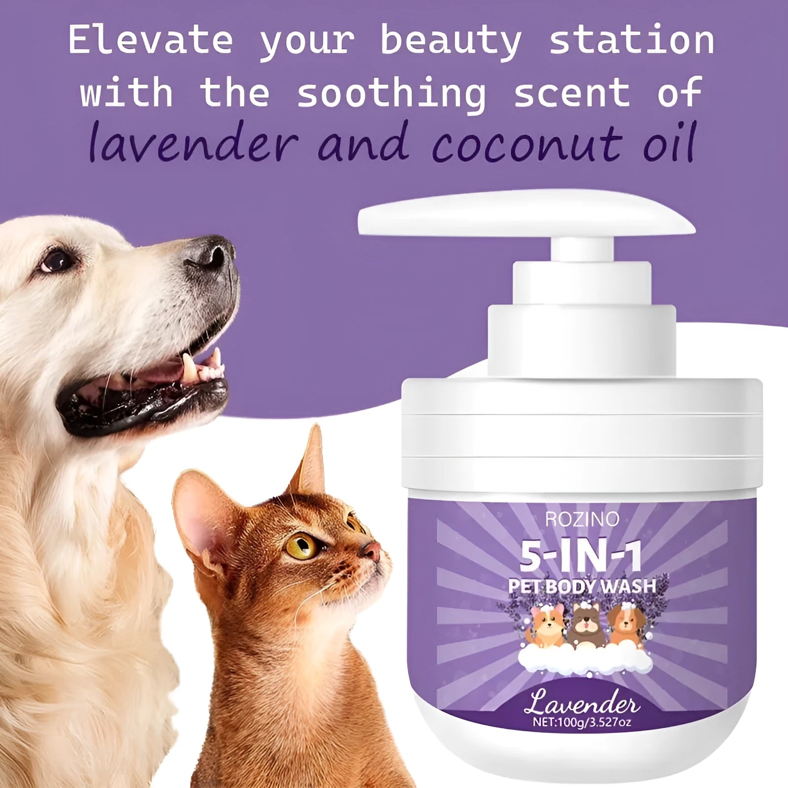 100g pet shower gel in plastic bottle with deodorising and fragrance properties for dogs and cats
