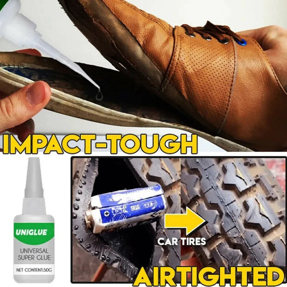Uniglue Universal Super Glue tube with pin-point nozzle for no-drip application on various materials.