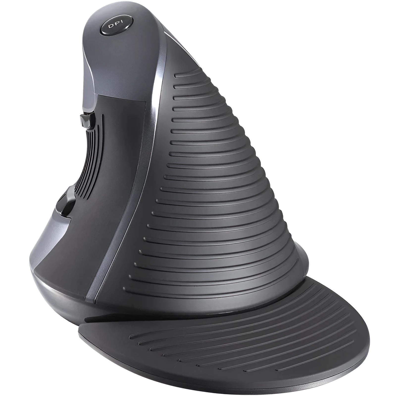 M618 black and white wireless vertical ergonomic mouse for right hand on desk.