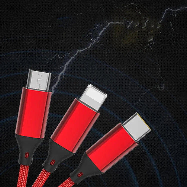 Three-in-one braided charging cable showing red, blue, gold, black, silver, and rose gold colour options