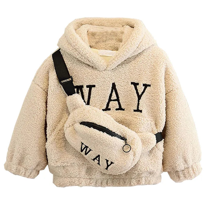 Children's beige fleece jacket with hood featuring cartoon print and long sleeves