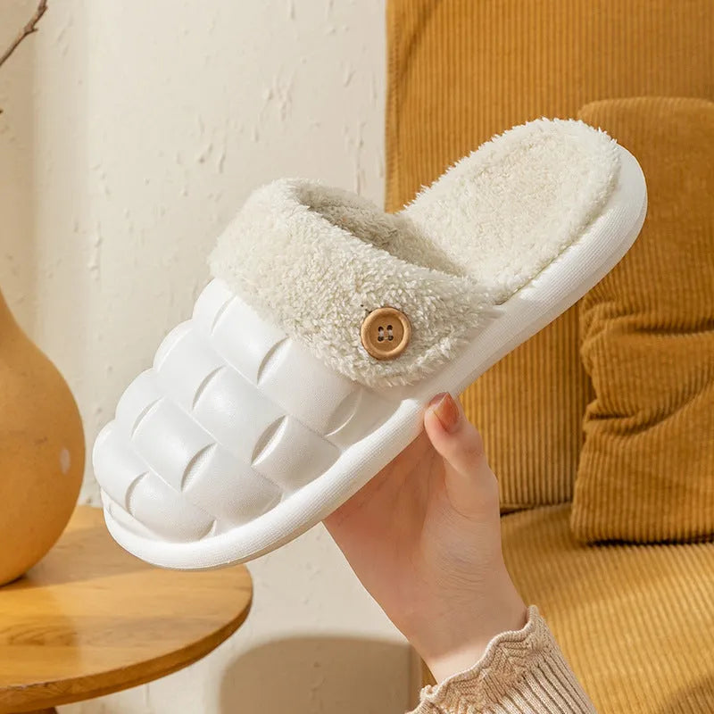 Plaid detachable EVA slippers for women in pink, shown with plush lining and flat sole.