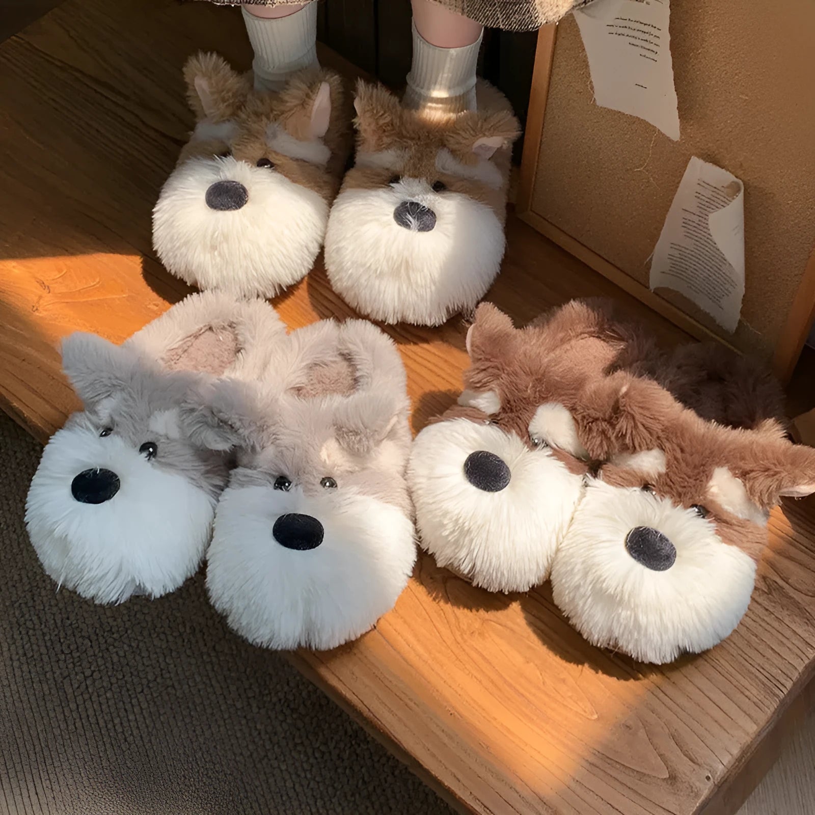 Cartoon Schnauzer puppy pattern plush slippers in gray for men and women with flat heel