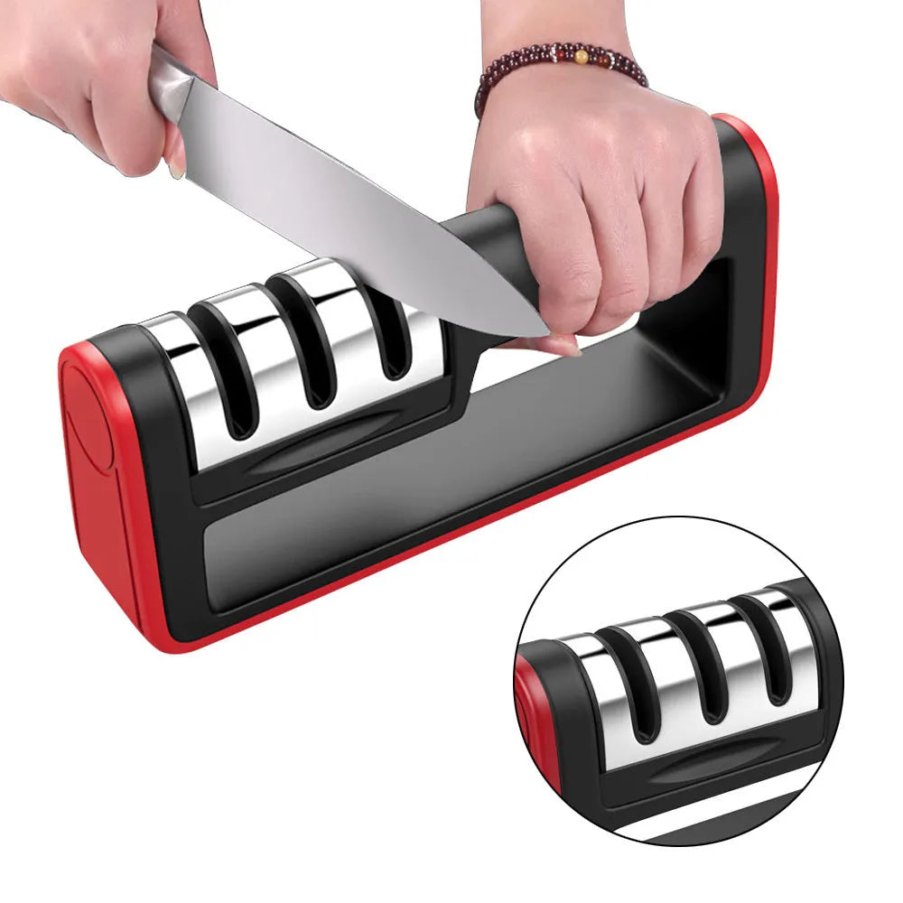 Black and red professional three-stage knife sharpener with non-skid rubber feet.