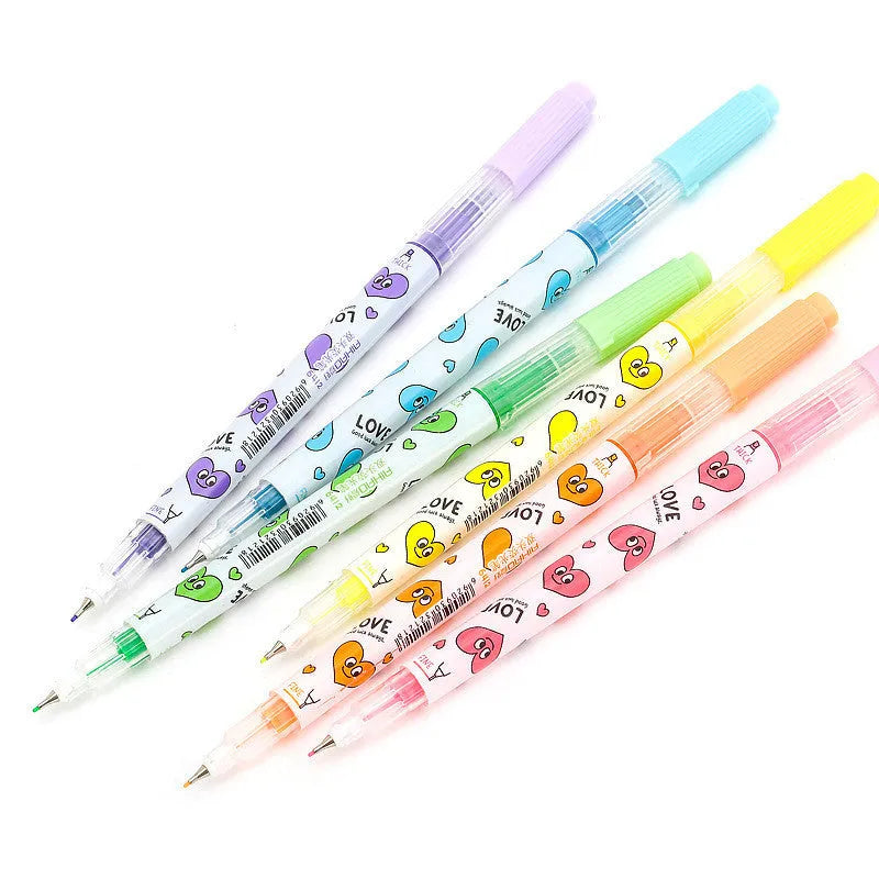 Set of six double-headed watercolour highlighter pens in pink, orange, yellow, green, blue, and purple.