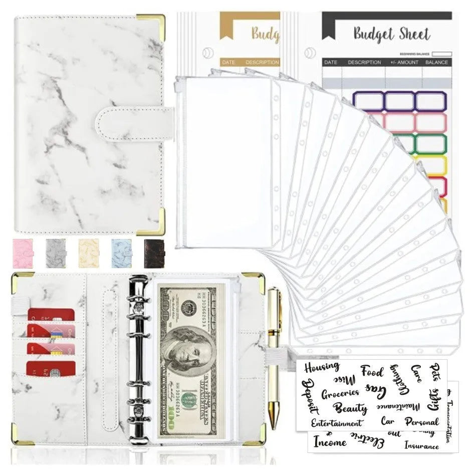 A6 loose-leaf binder journal with marbling leather PU cover, open to show budget sheets and zip pockets