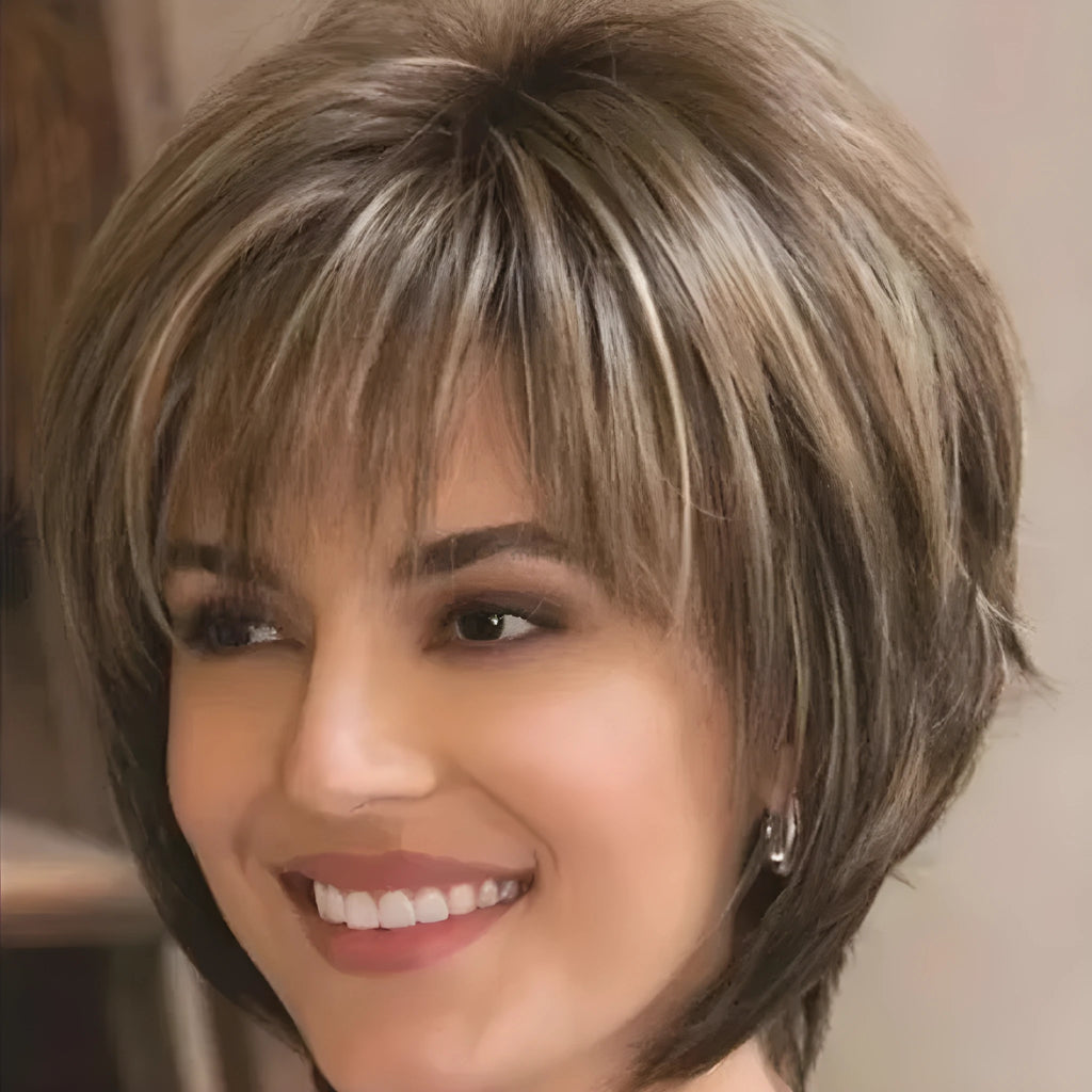 Mixed blonde brown short heat resistant synthetic wig on display