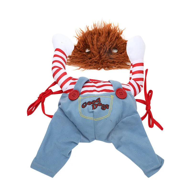 Red polyester adjustable Halloween dog costume with wig and foam knife for pet cosplay parties