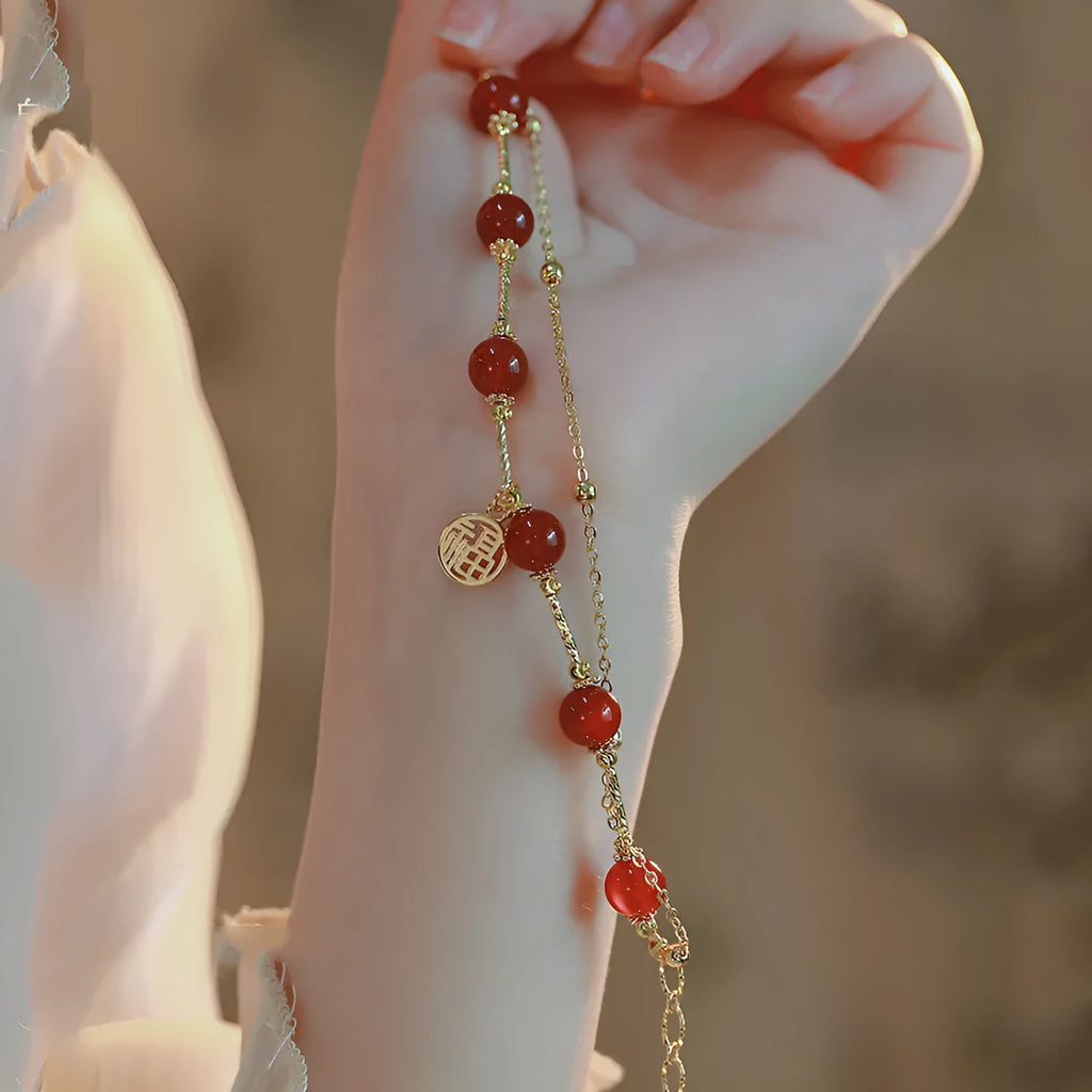 Red agate and alloy double-layer bracelet with red horse blessing card motif and chamfered square pattern details