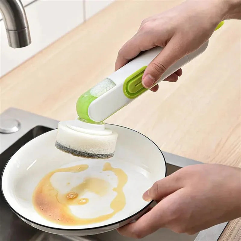 White and red long-handle kitchen brush with liquid dispenser button and two spare brush heads