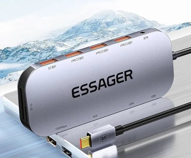 11-in-1 USB-C expansion dock with Ethernet, HDMI, USB ports, and card readers on a 20cm cable.