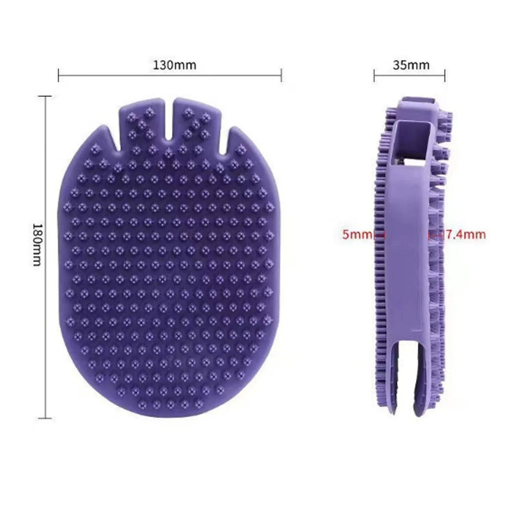 Purple dual-sided pet shampoo brush with soft TPR bristles for dog and cat bathing