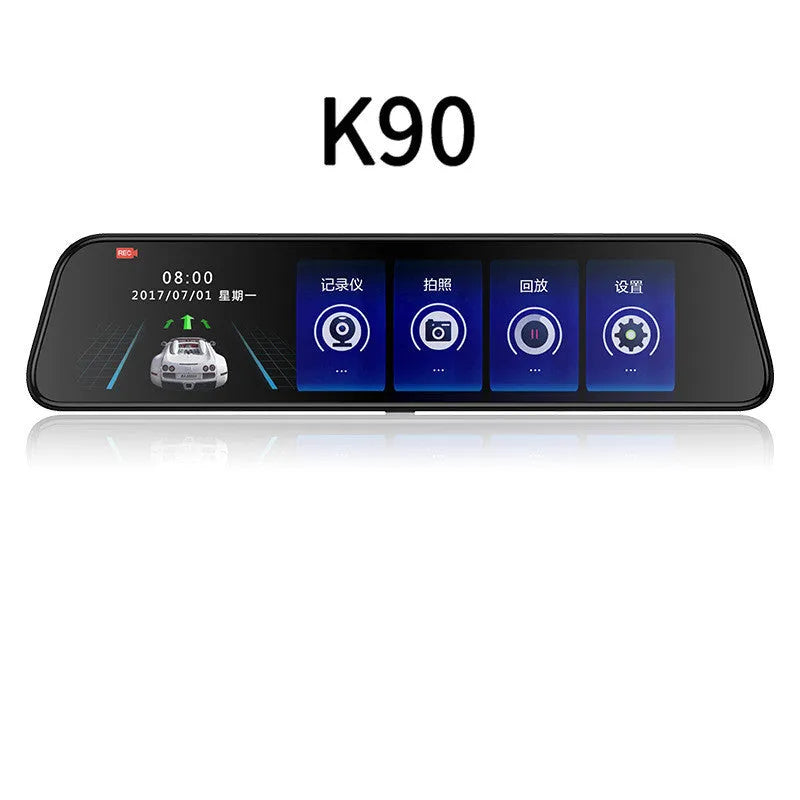 12-inch black rearview mirror dash cam with integrated display showing road recording