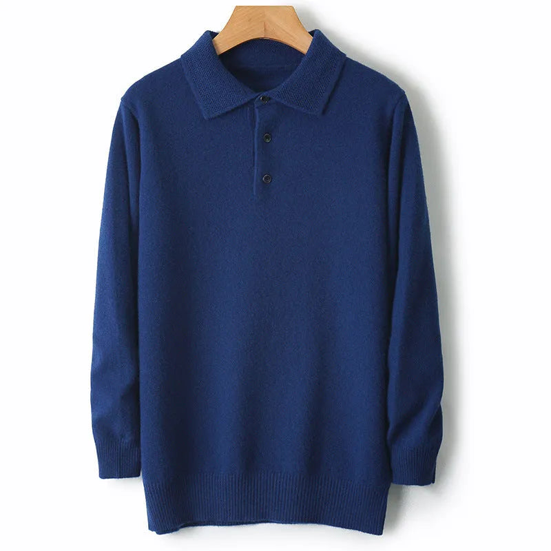 Men's polo collar wool sweater in noble blue colour showing long sleeves and knit texture