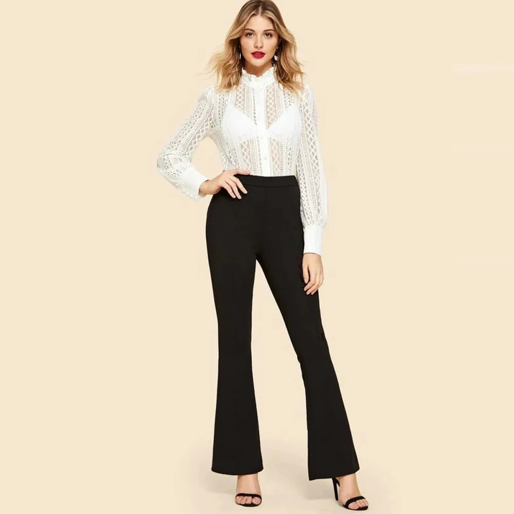 High waist flared black cotton blend trousers for women, sizes M to 3XL, front view