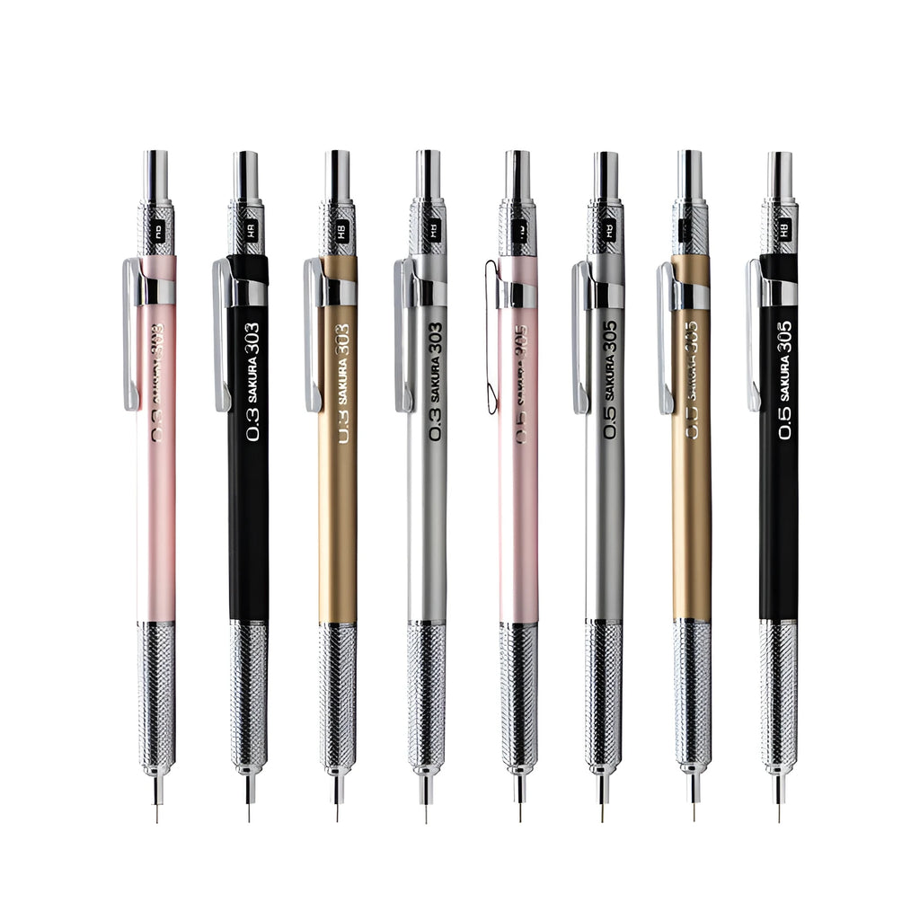 Japanese metal mechanical pencil in gold silver black pink colours showing 0.3mm 0.5mm lead options