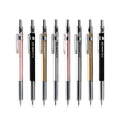 Japanese metal mechanical pencil in gold silver black pink colours showing 0.3mm 0.5mm lead options