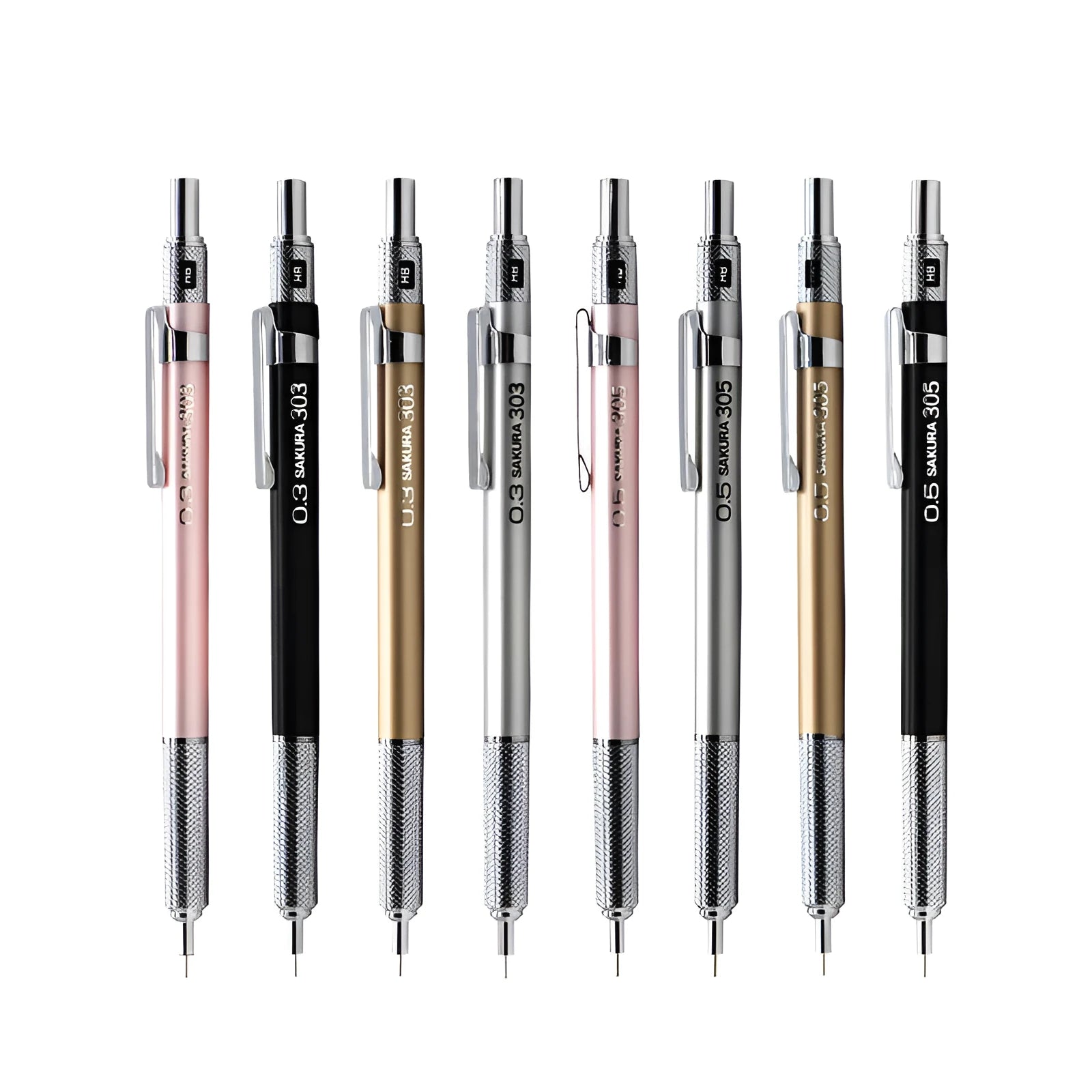 Japanese metal mechanical pencil in gold silver black pink colours showing 0.3mm 0.5mm lead options