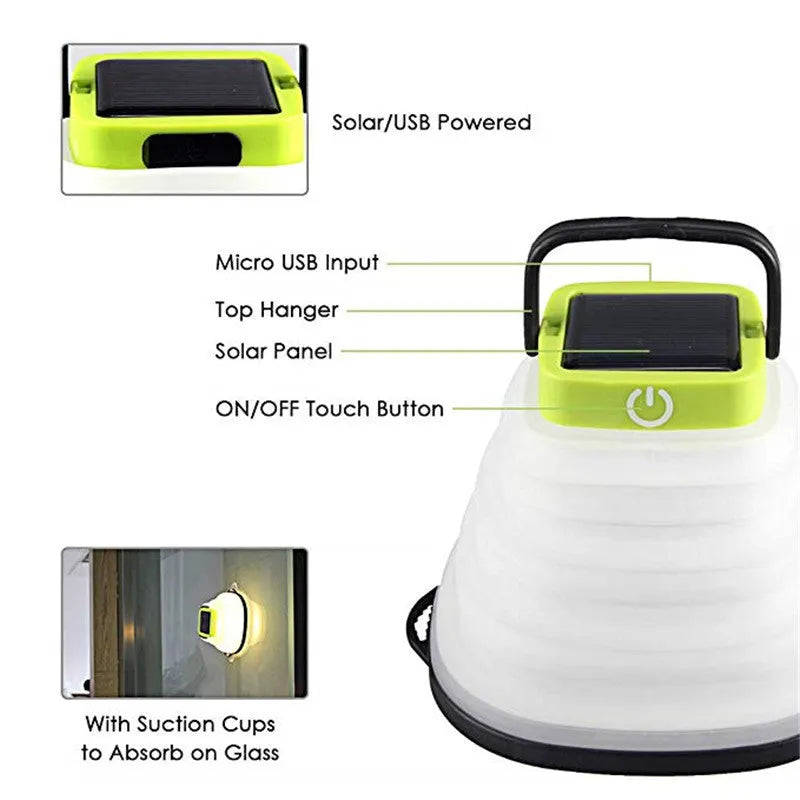Collapsible IP68 waterproof solar camping light folded to 2.5cm thickness with USB charging port