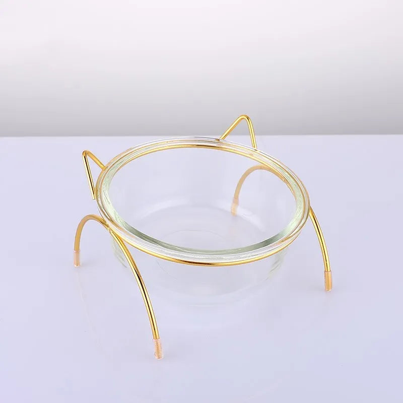 Glass cat bowl with iron rack, double and single options for cats and small dogs