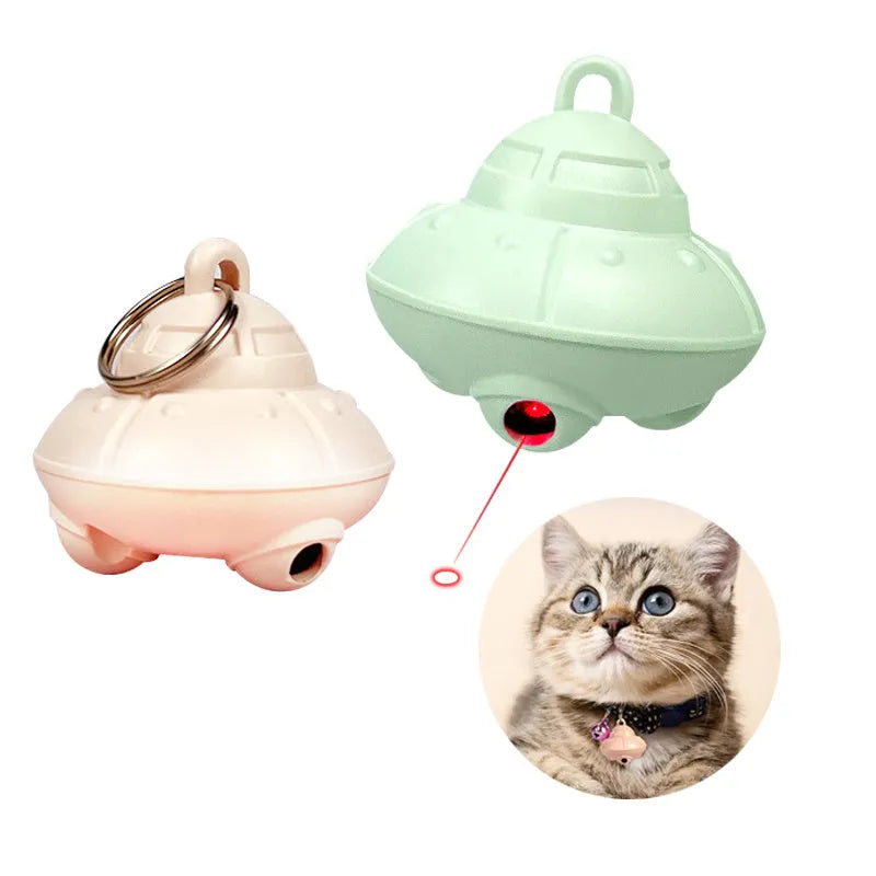 Green automatic cat collar laser toy showing 3×3×2.5cm dimensions with USB charging port