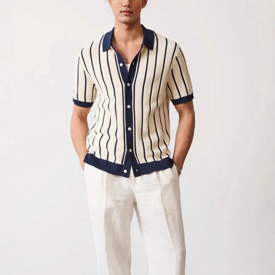 White men's knitted shirt with asymmetric stripes and a V-neck lapel, short sleeves, British style leisure wear.