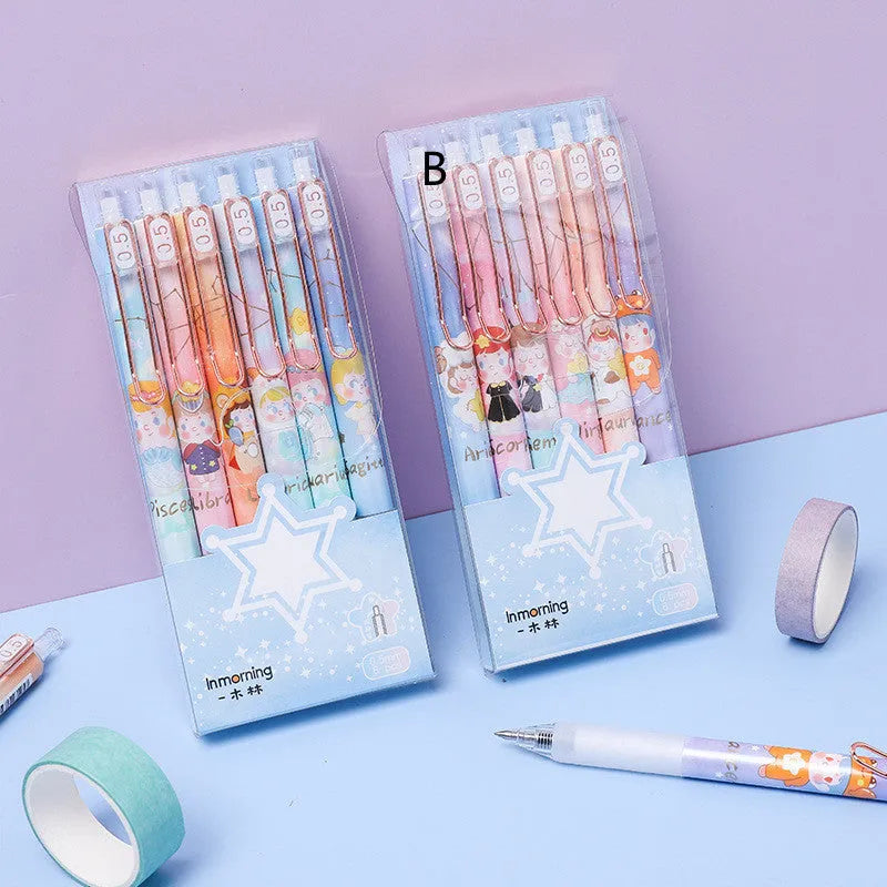 Six Lisa's Secret Constellation press gel pens with 0.5mm tips and zodiac cartoon designs